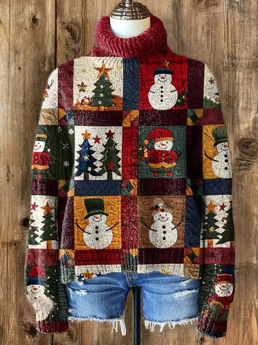 Women's Vintage Snowman Art Print Knit Turtleneck Pullover Sweater