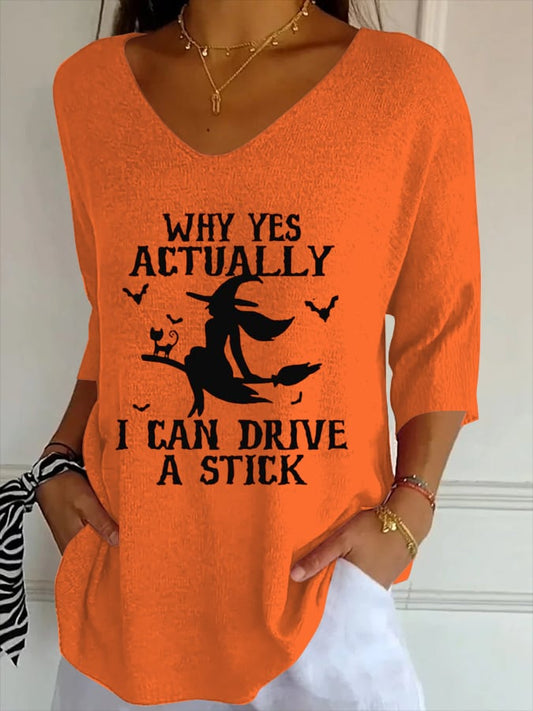 Women's Halloween Print Ribbed Fabric Casual V-Neck T-Shirt