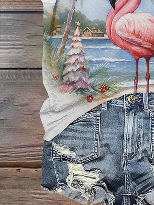 Retro Florida Christmas Palm Tree Flamingo Print T-Shirt