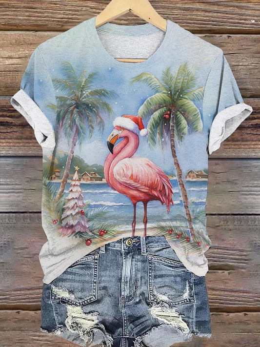 Retro Florida Christmas Palm Tree Flamingo Print T-Shirt