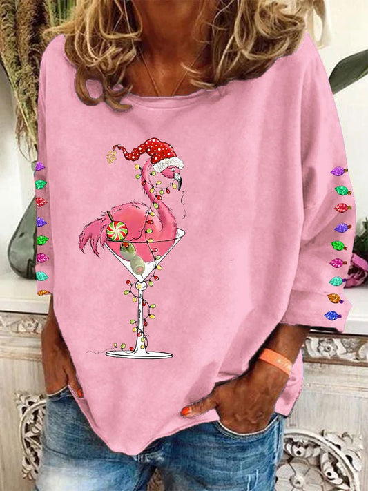 Women's Christmas Colorful Lights Flamingo Holiday Long-Sleeve Top