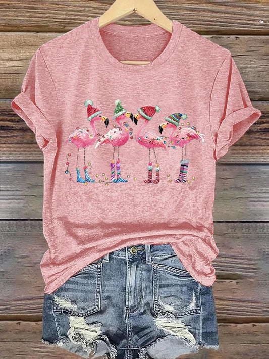 Women's Christmas Flamingo Printed Crew Neck T-Shirt