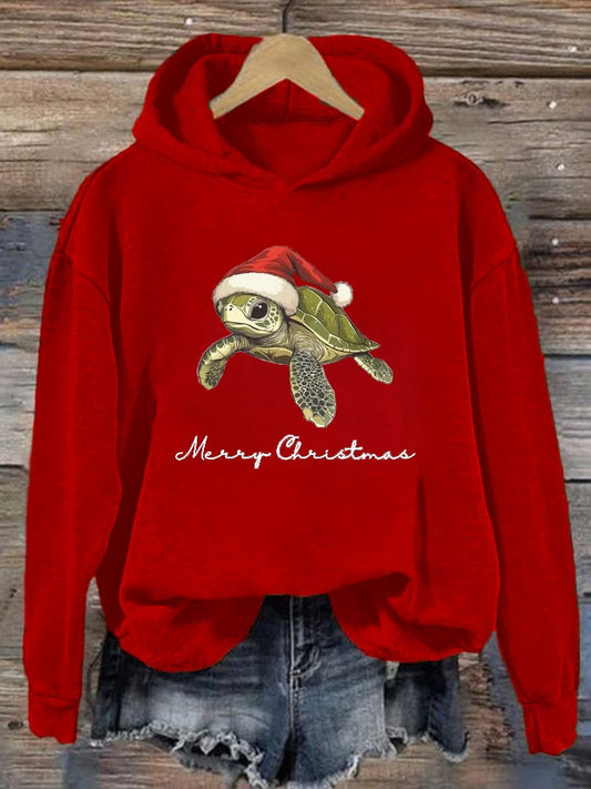 Women's Christmas Turtle Print Casual Hoodie