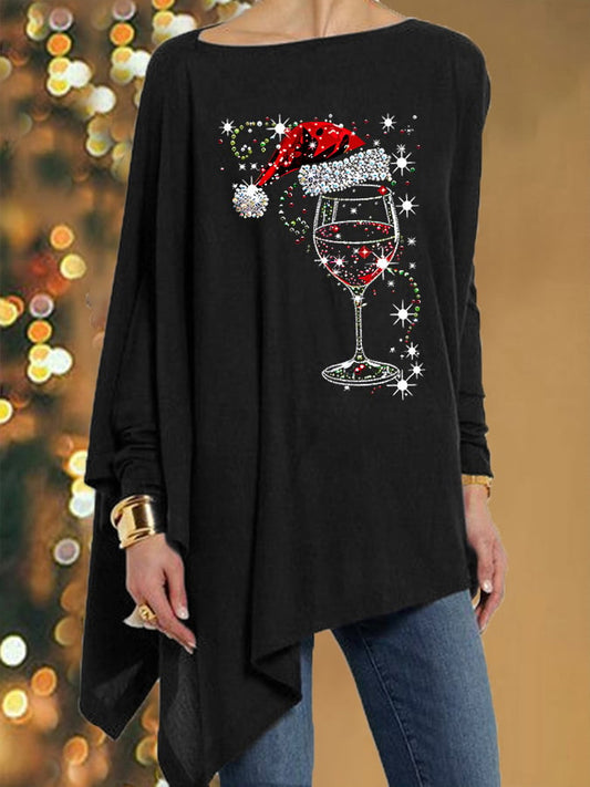 Women's Shiny Christmas Red Wine Glass Print Casual Irregular Top