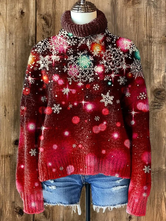 Women's Vintage Snowflake Print Knit Turtleneck Pullover Sweater