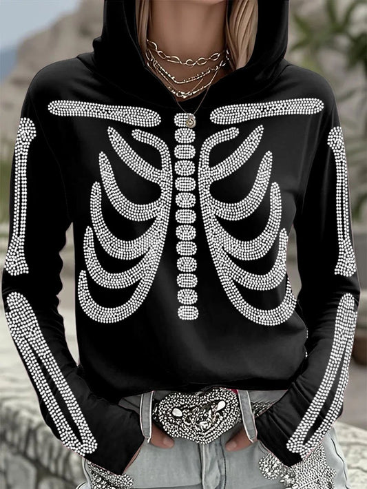 Women'S Retro Halloween Skull Bones Rhinestone Art Print Hoodie