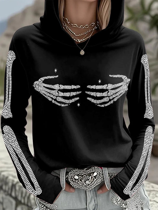 Women'S Retro Halloween Skull Bones Rhinestone Art Print Hoodie