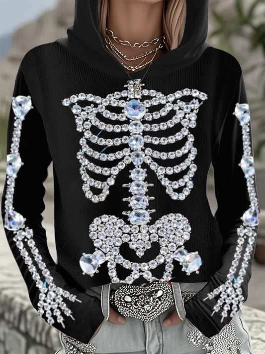Women'S Retro Halloween Skull Bones Rhinestone Art Print Hoodie