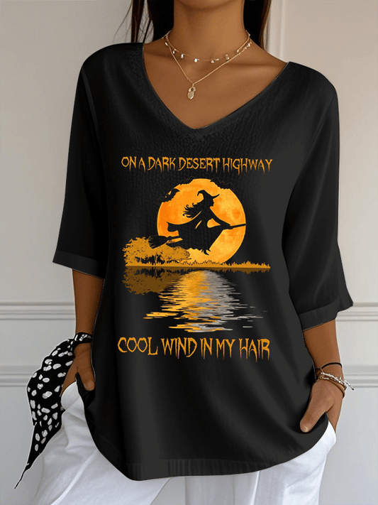 Women's On A Dark Desert Highway Cool Wind In My Hair Print Jacquard Casual V-Neck Top