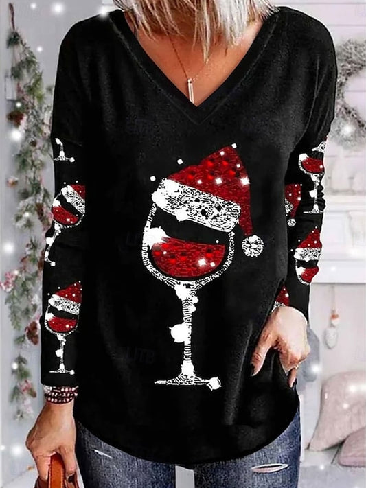Women's Shiny Christmas Red Wine Glass Print Casual Long-Sleeve Top